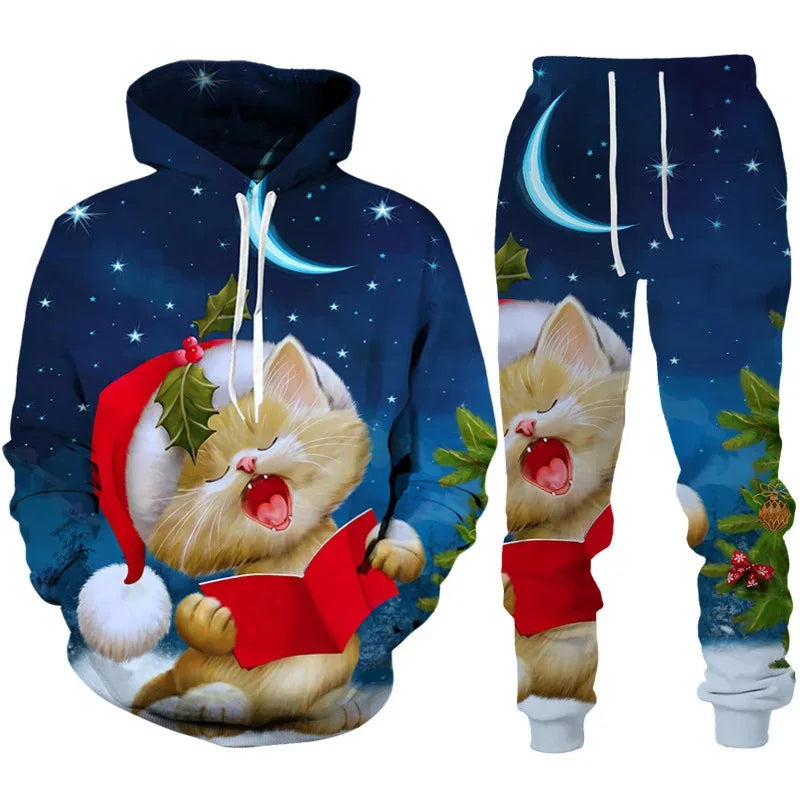 Conjunto Desportivo Masculino Natal 3D – Hoodie + Calças Inverno