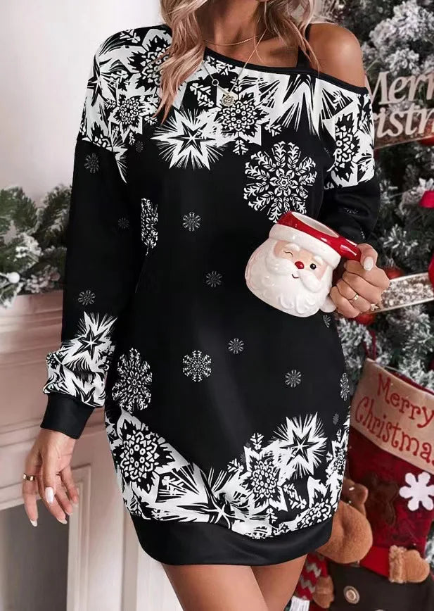 Vestido Natalício Ombro Caído com Flocos de Neve – Elegante & Festivo