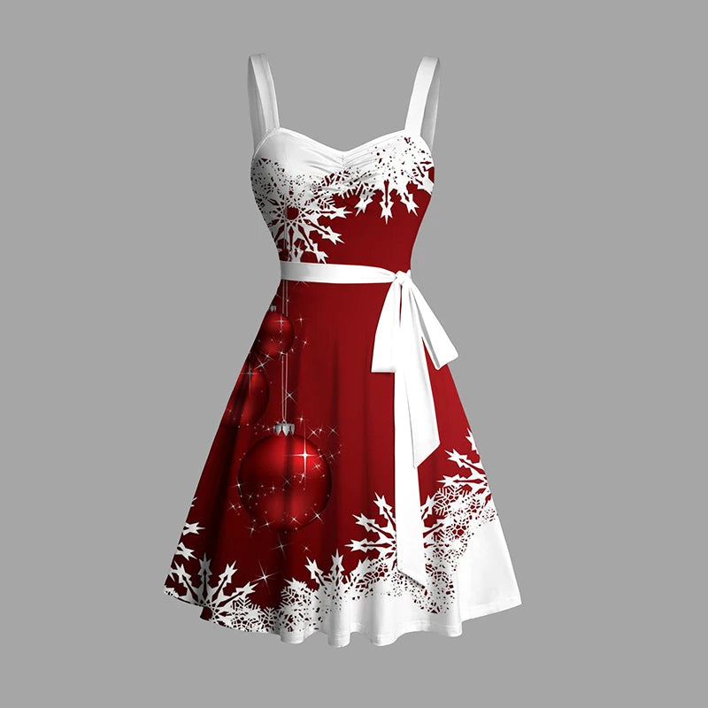Vestido Natal Sweetheart Snowflake com Cinto – Elegância Festiva