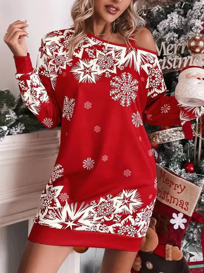 Vestido Natalício Ombro Caído com Flocos de Neve – Elegante & Festivo